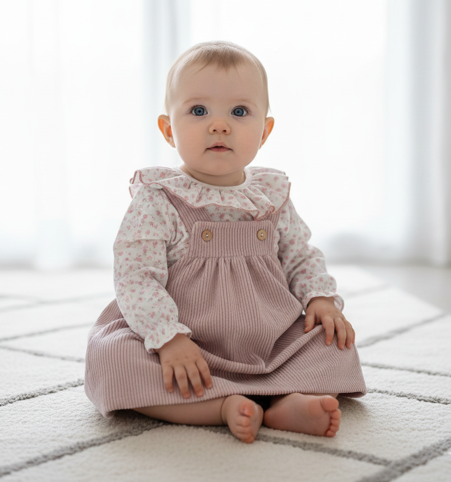 Vestido Saia de Peito de Bombazine Fina com blusa flores Rosa Velho