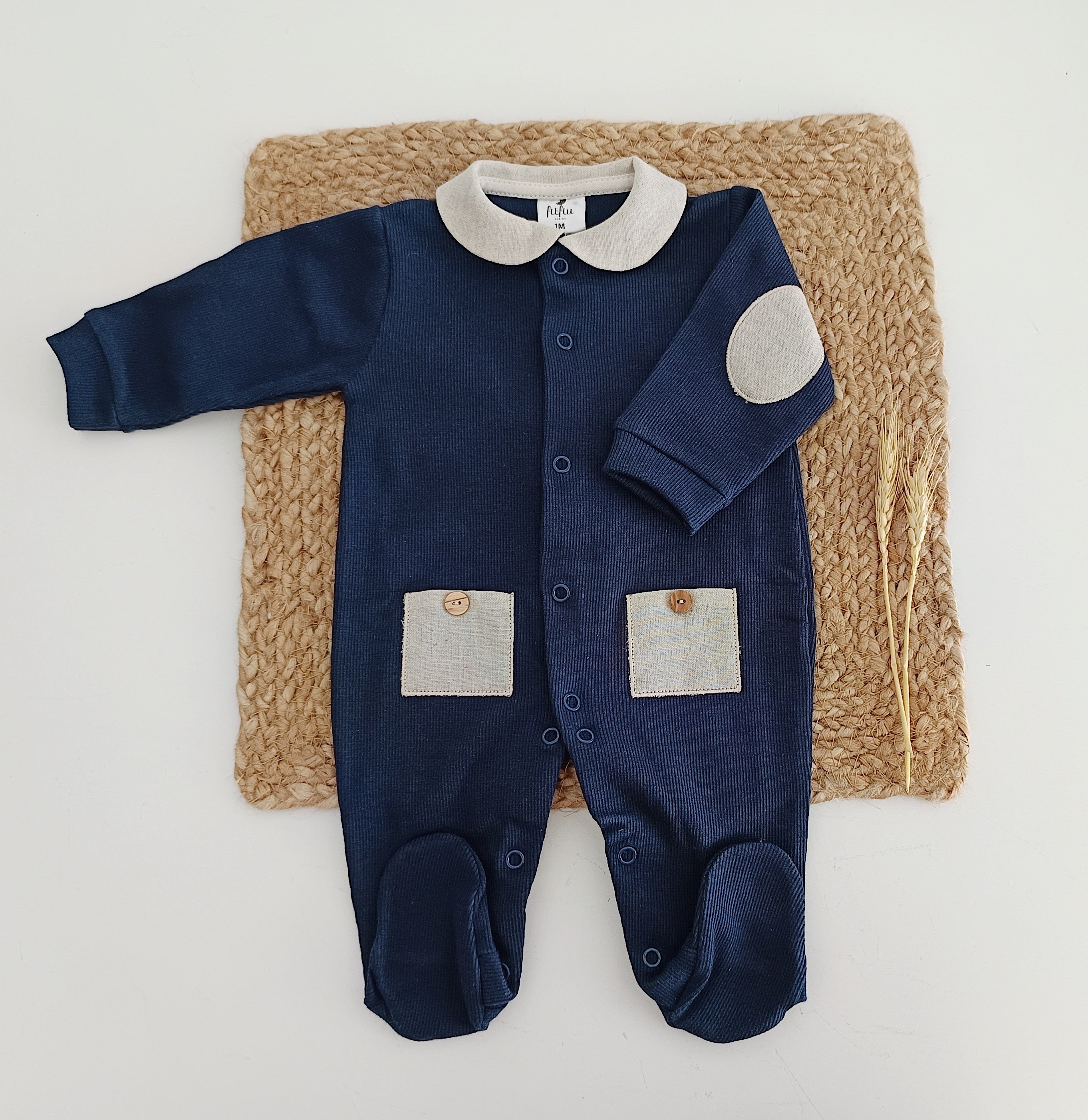 FitFiu Babies® | Conjunto Primeira Roupinha Algodão Marinho com Bolsos Areia