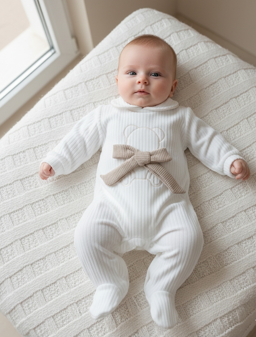 FitFiu Babies® | Babygrow Canelado Urso com Laço Pérola