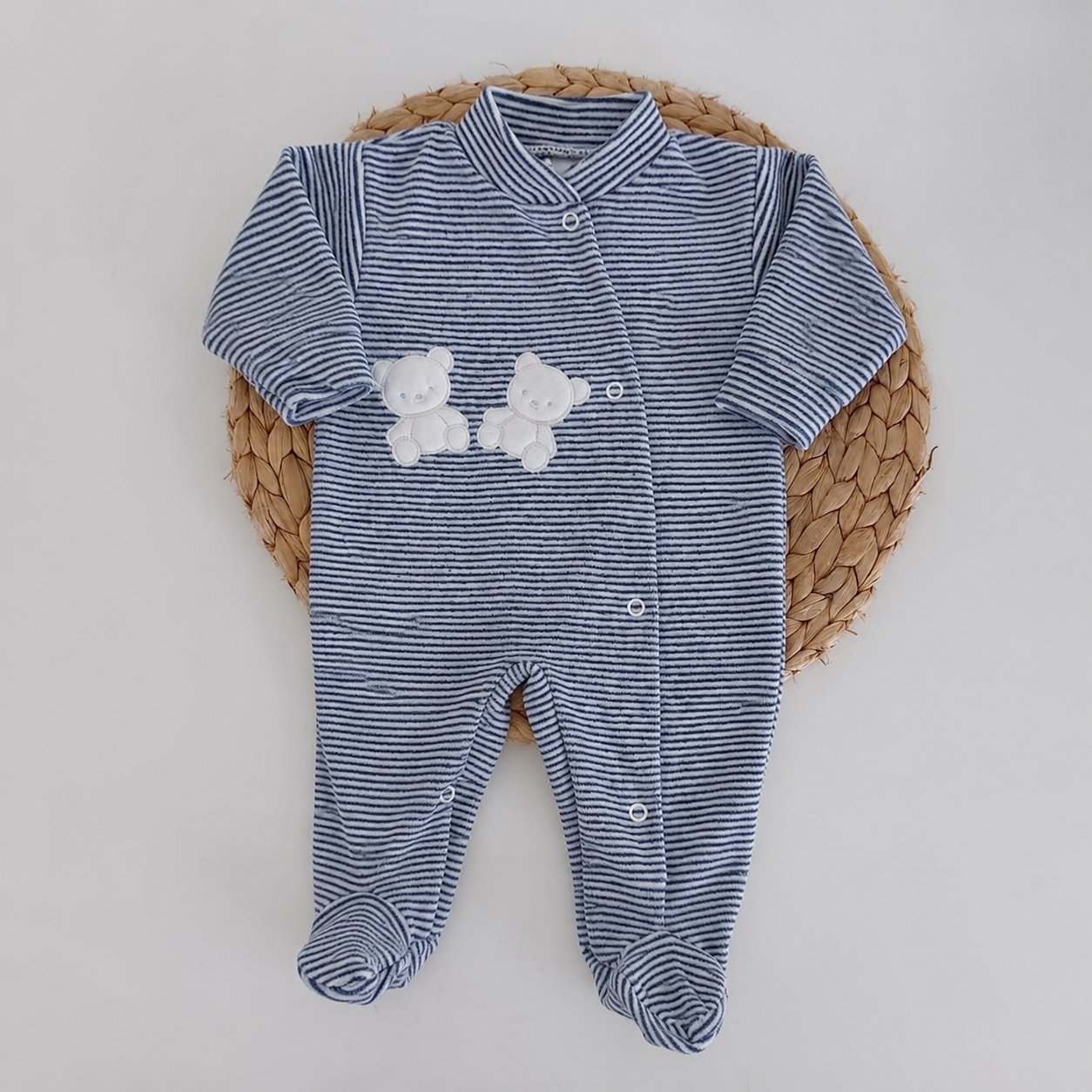 Babygrow de Veludo Dois Ursos Riscas Marinho