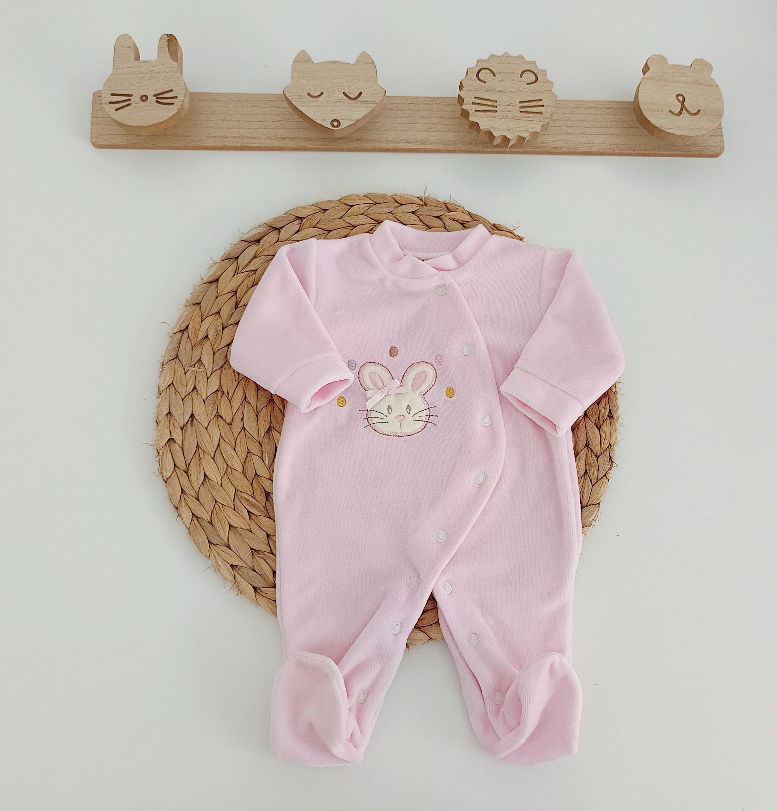 Babygrow Veludo com Cara de Coelho atrás Rosa