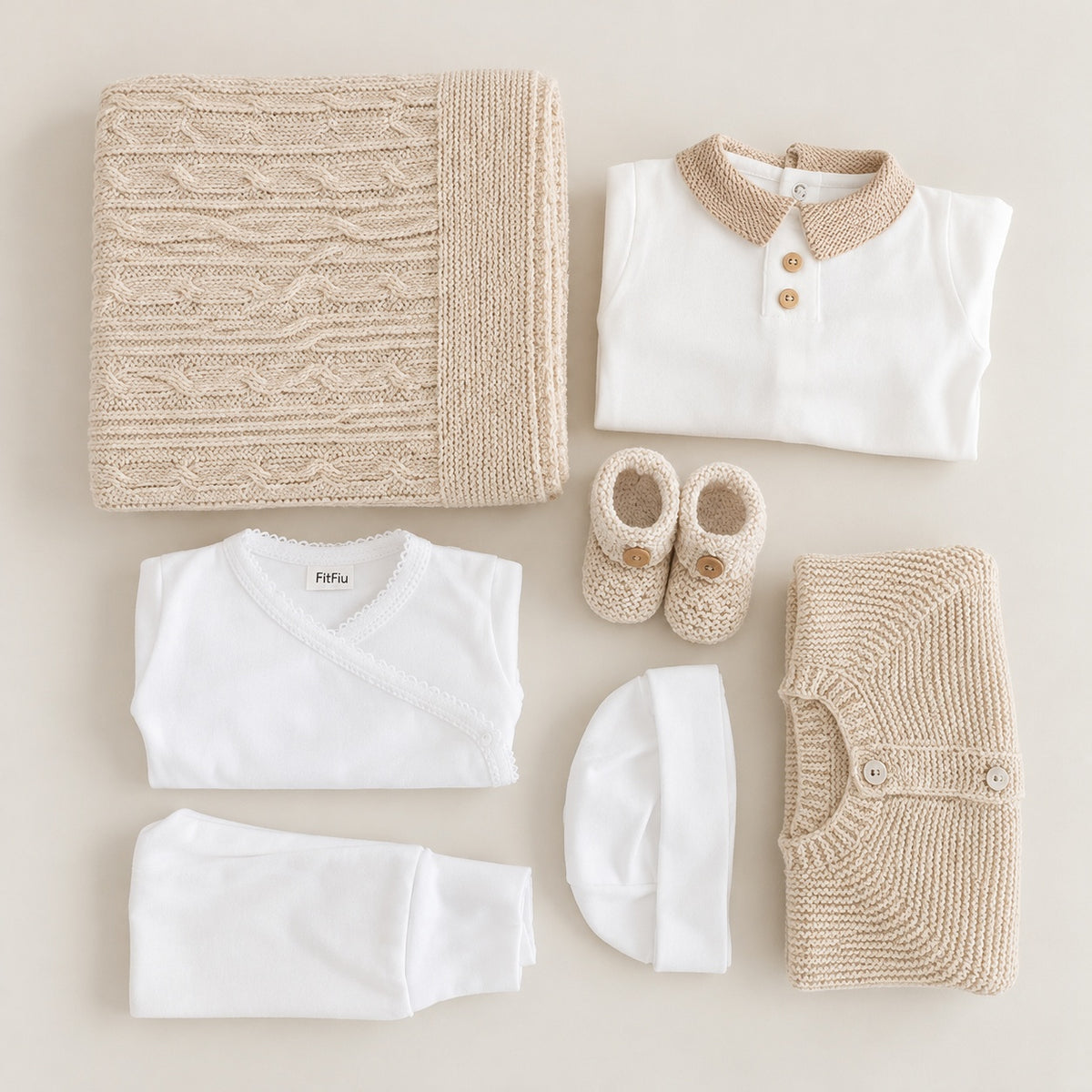 FitFiu Babies® | Conjunto Primeira Roupinha Waffle com Manta Areia
