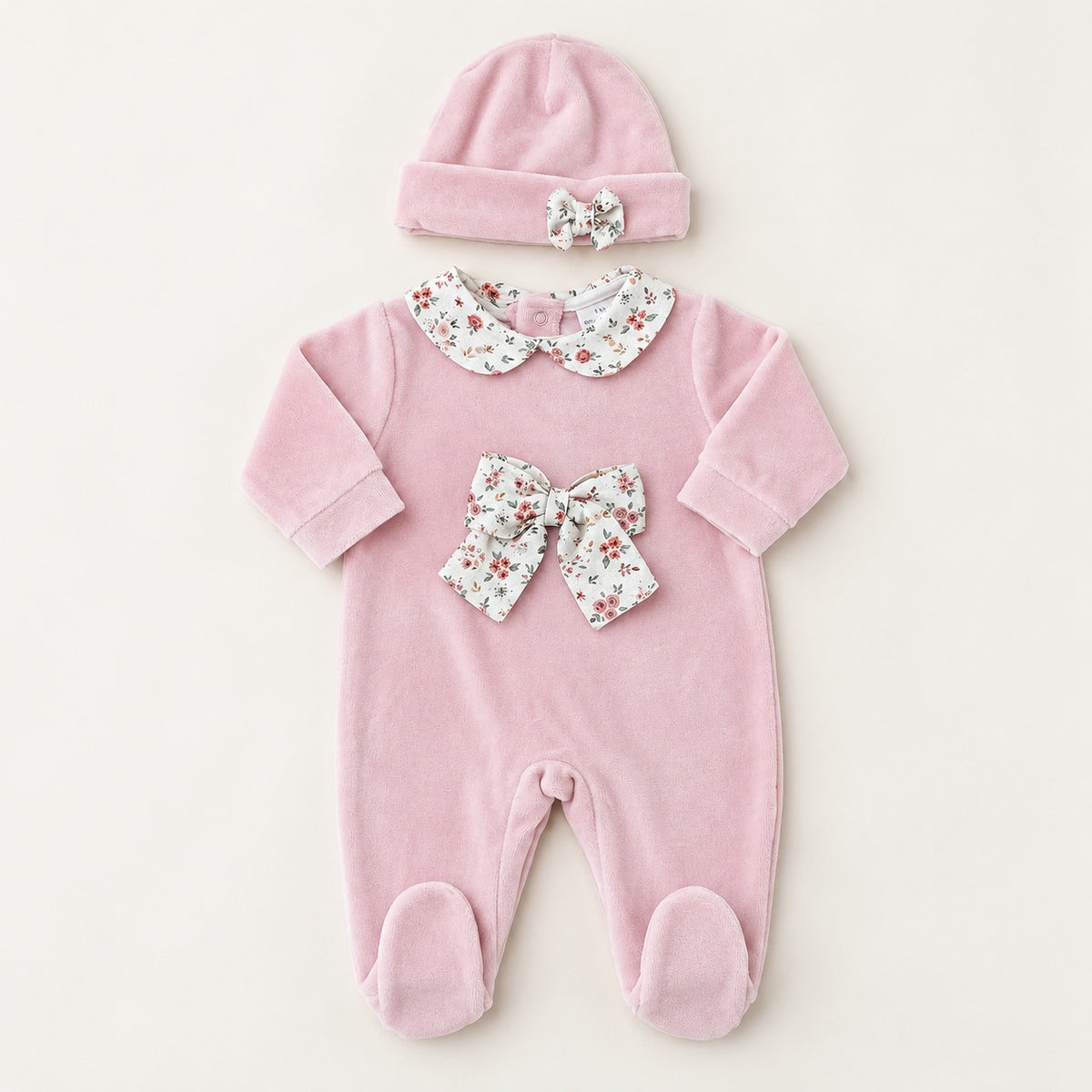 Babygrow Veludo Laço com Gorro Rosa Velho