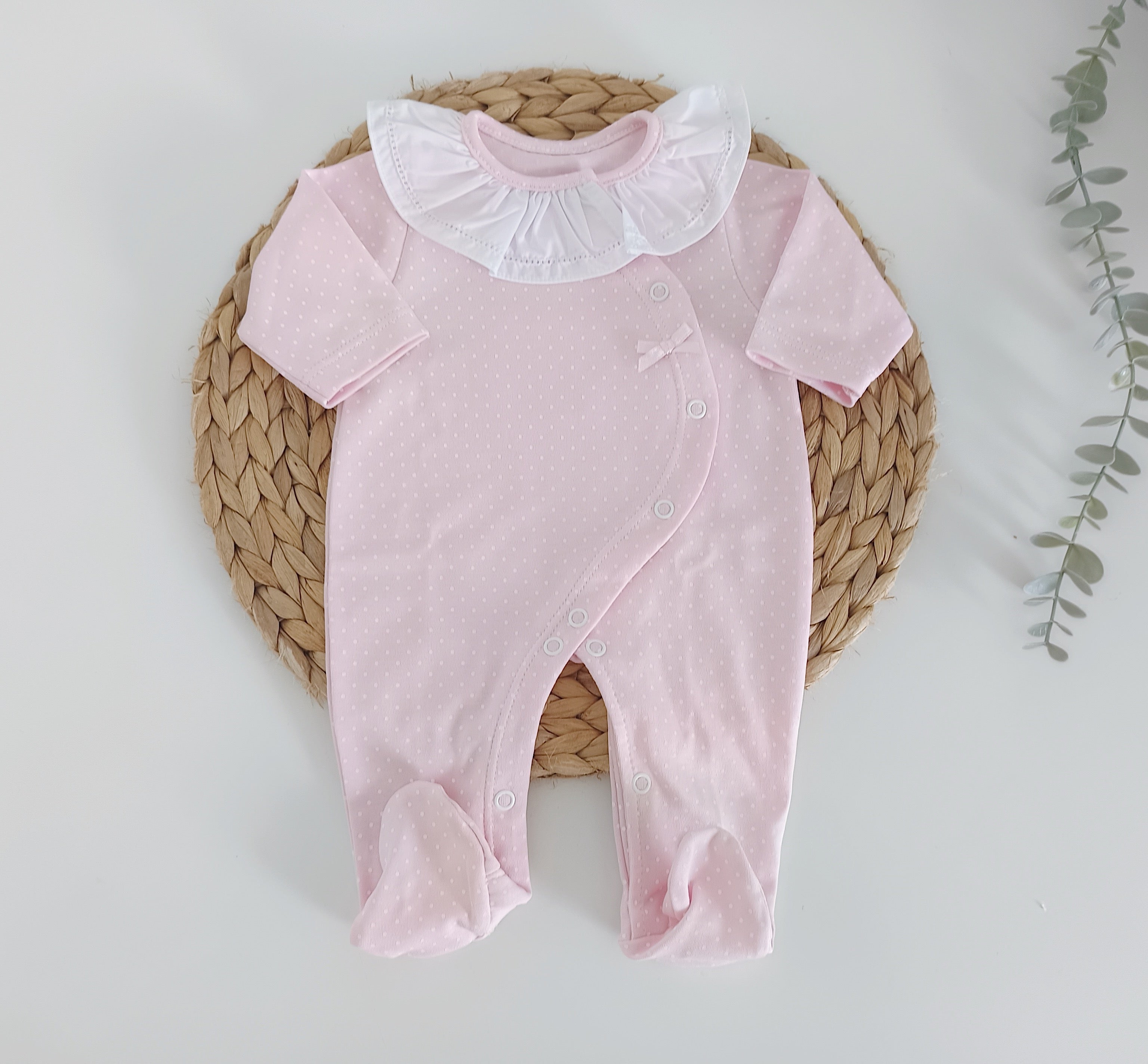 Babygrow Algodão Gola Pintinhas fundo Rosa