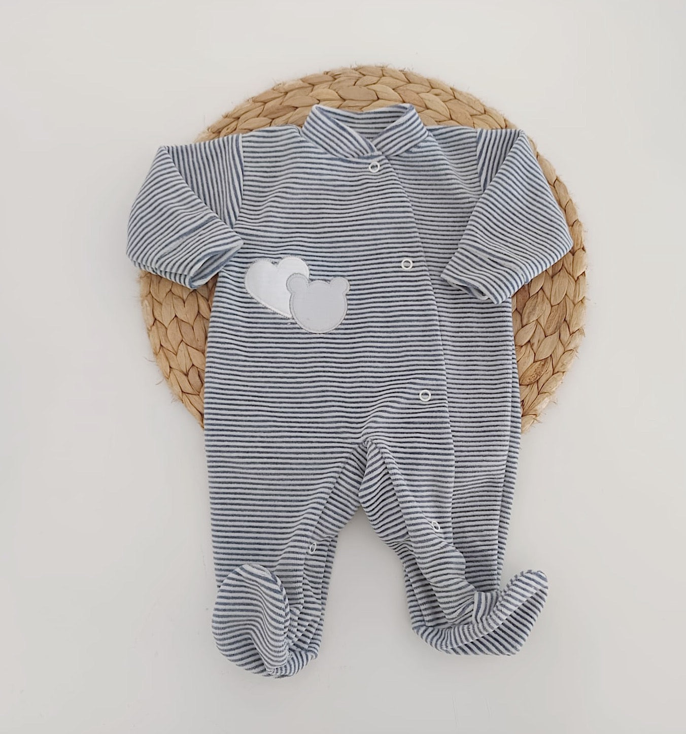 Babygrow de Veludo Urso Coração Riscas Marinho