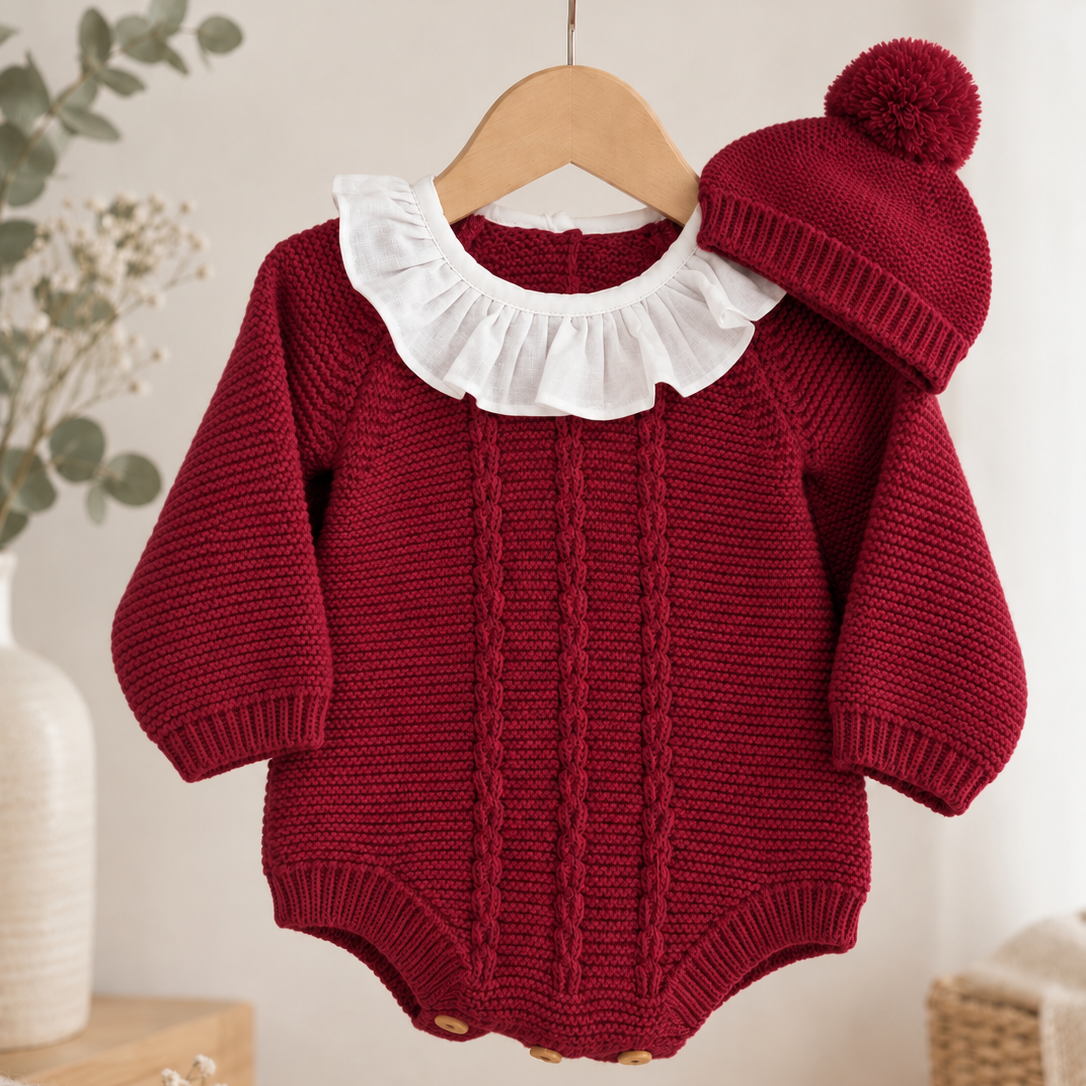 Fofo de malha rosa velho para bebé com tranças em relevo, gola branca com folho e gorro de malha com pompom a combinar.