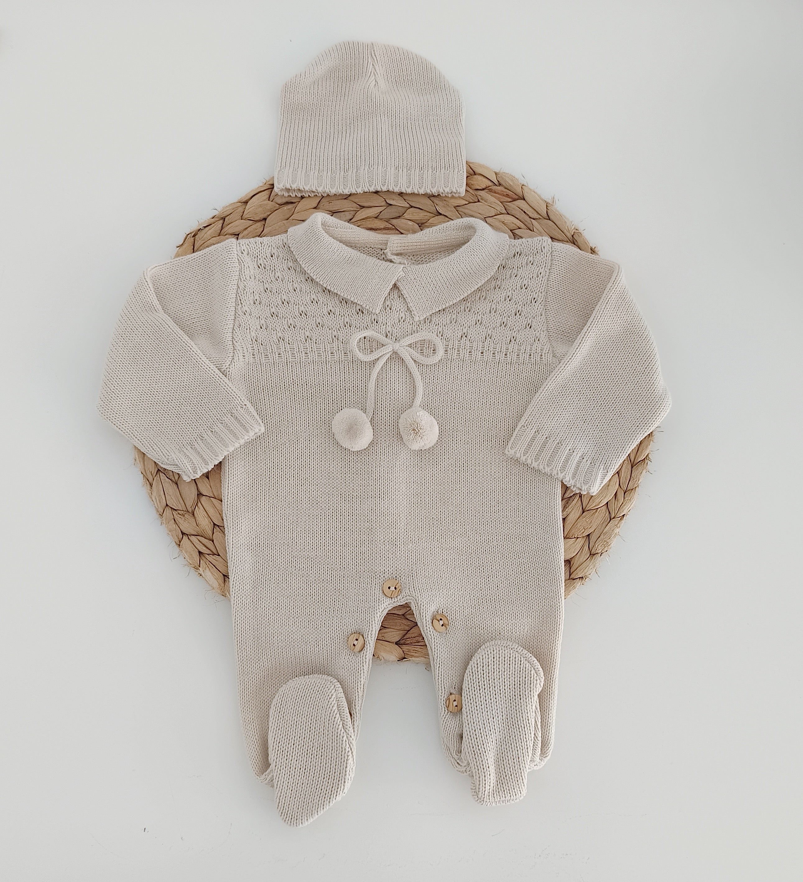 Babygrow de Malha Pompons com Gorro Areia