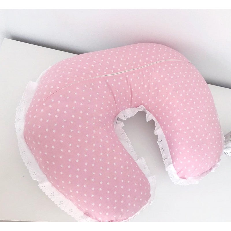 almofada de amamentação rosa com estrelas e renda
