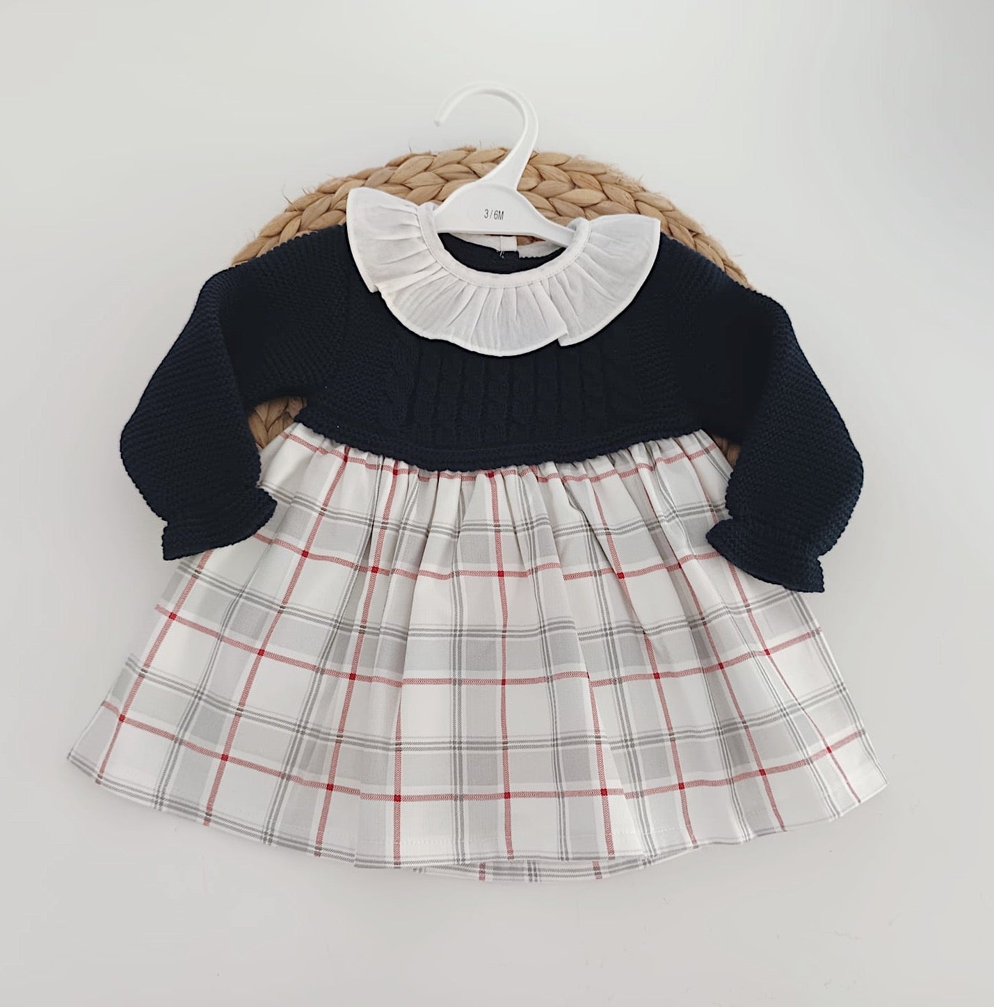 Vestido de Tecido e Malha com Xadrez Marinho