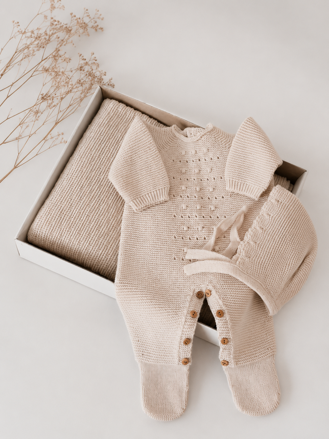 Conjunto de malha Manta e Babygrow com touca Areia