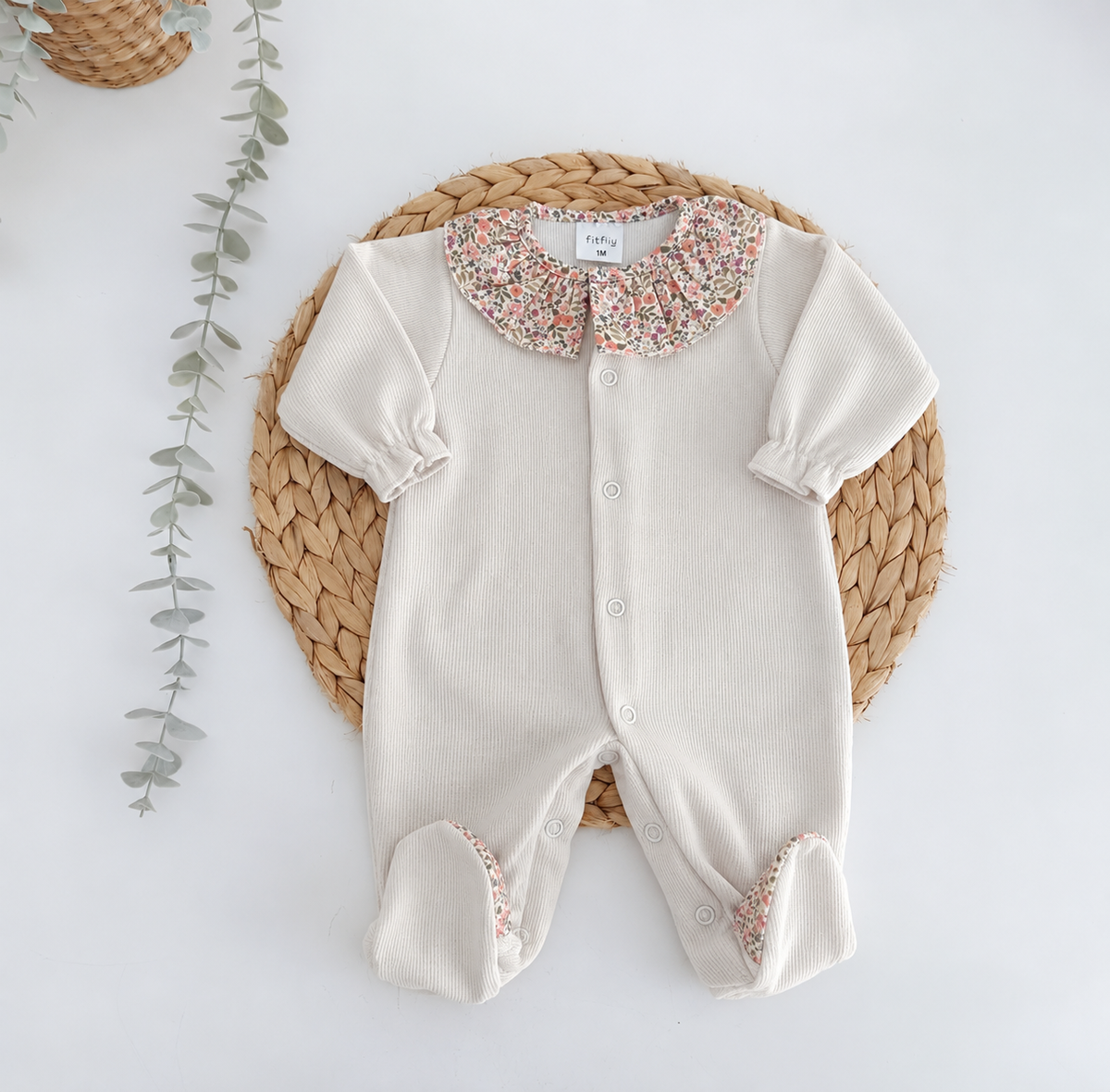 FitFiu Babies® | Babygrow Algodão com Gola Flores Areia