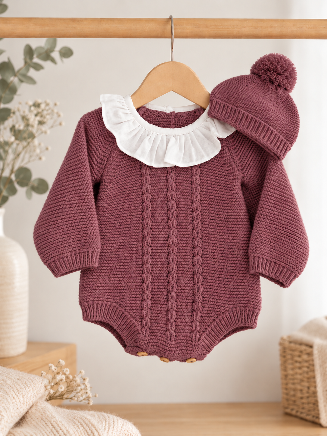 Fofo de Malha com Gola e Gorro Pompom Beringela