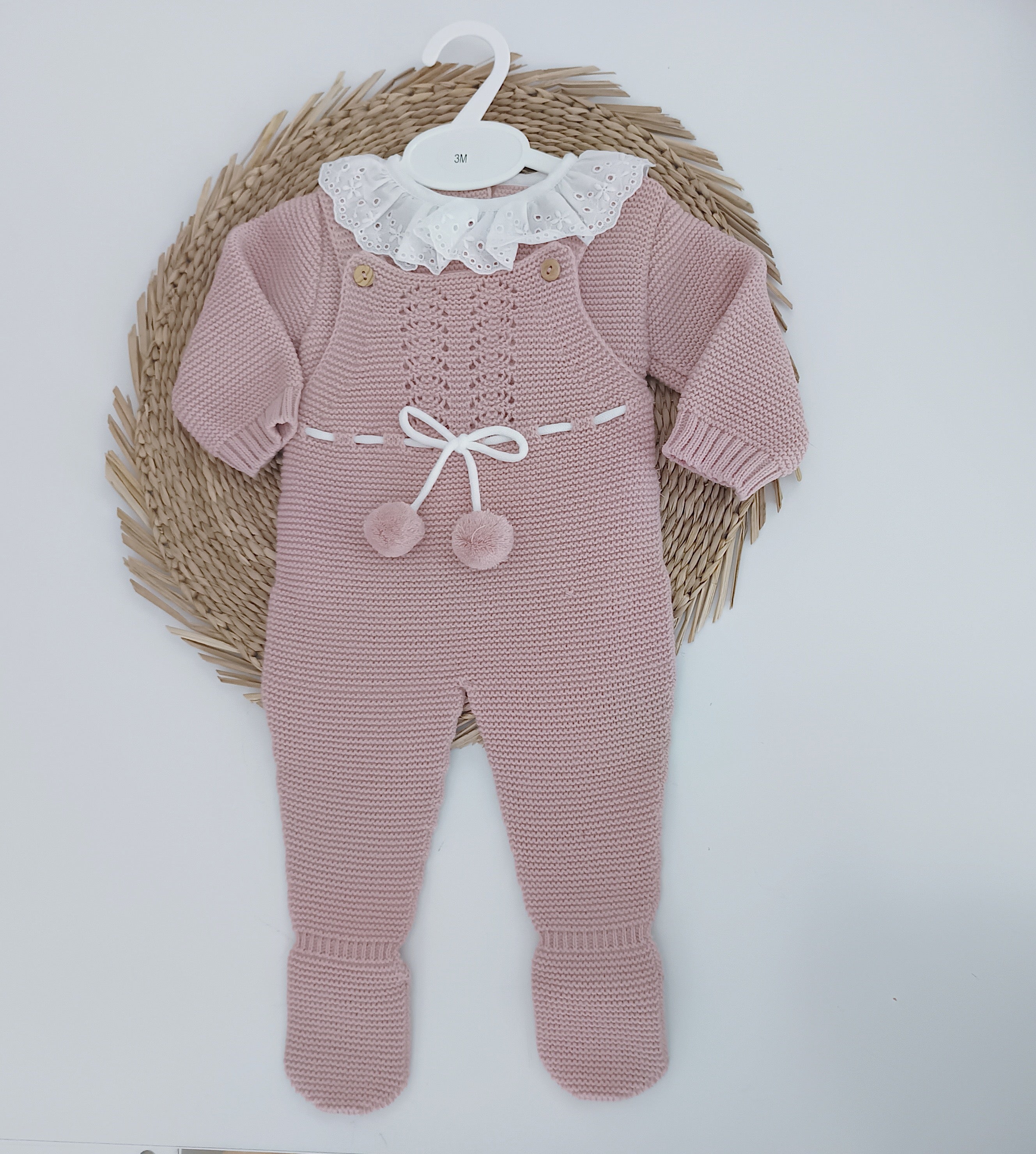 Jardineiras de malha com Camisola Pompons pendurados pés Rosa Velho