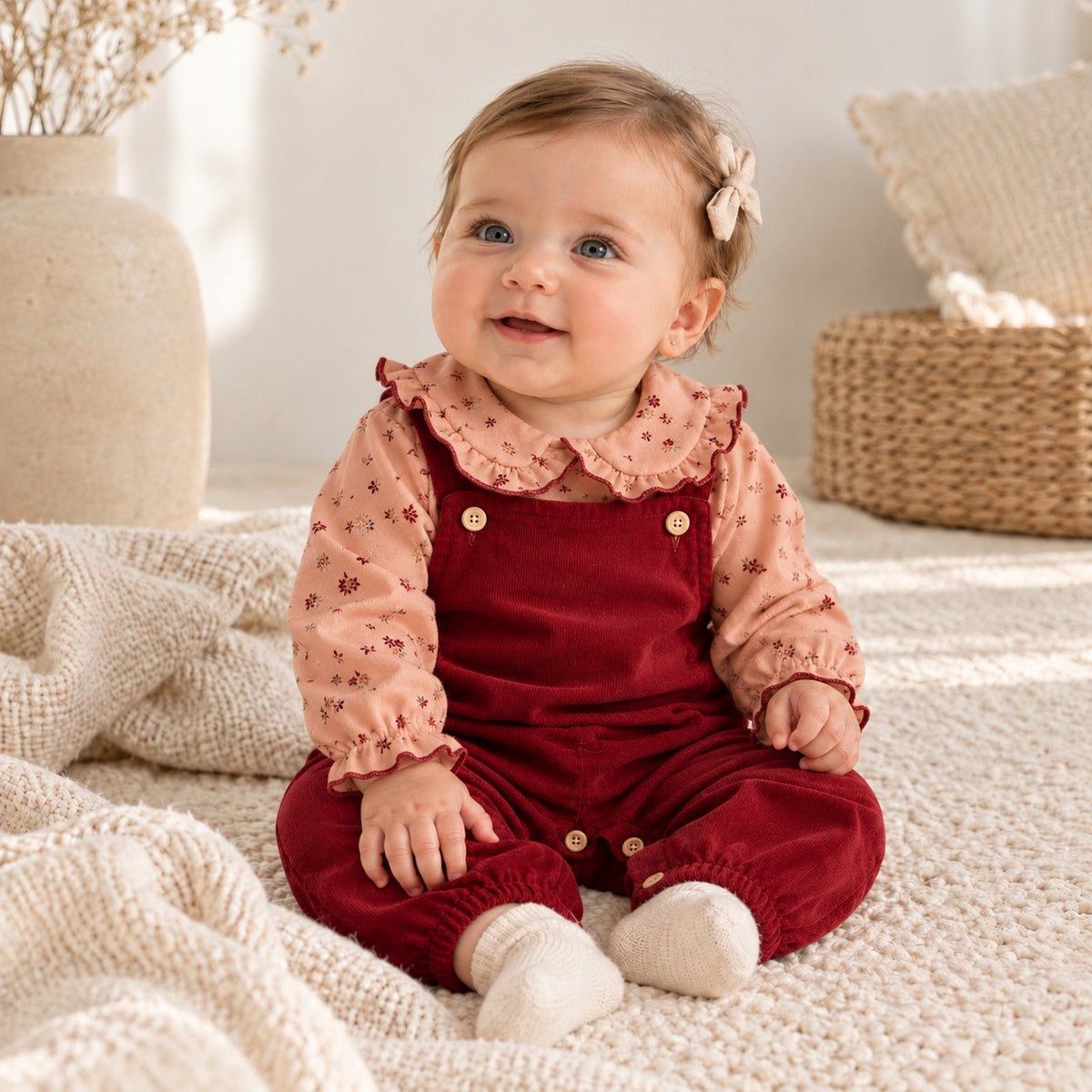 Jardineiras Bombazine com Blusa Flores Bordeaux