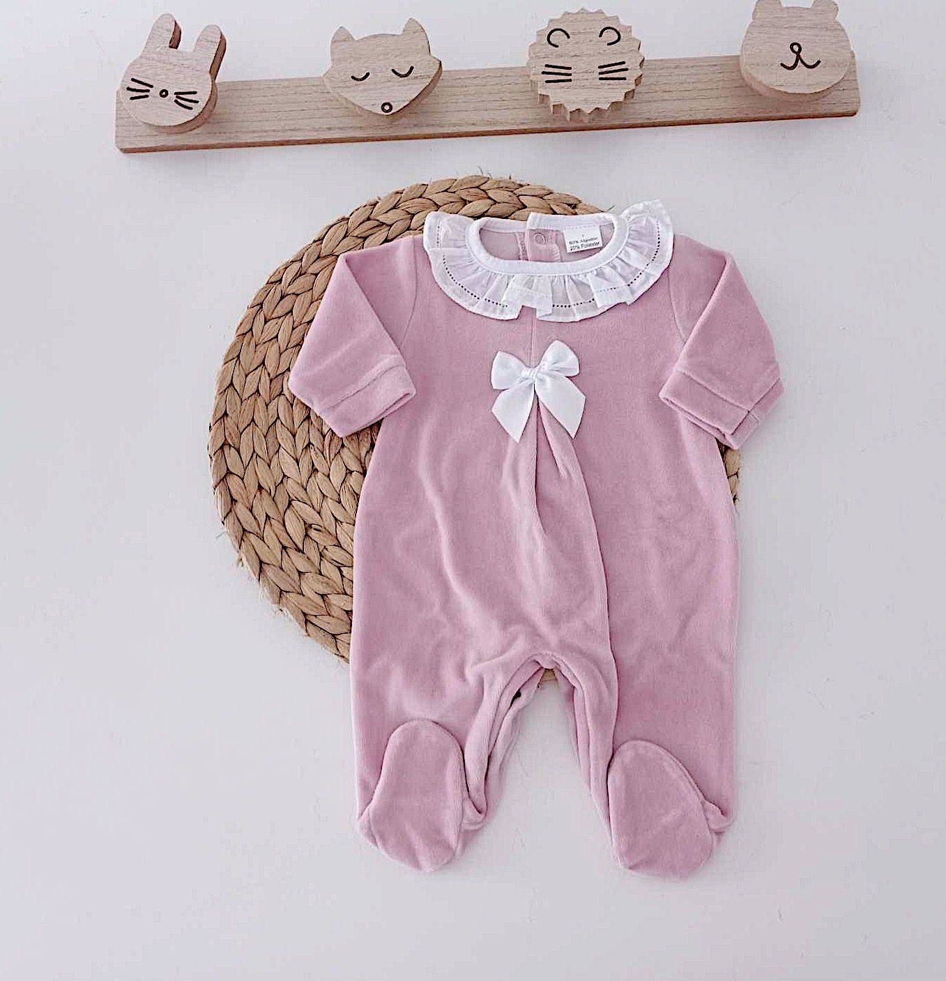 Conjunto de Primeira Roupinha Veludo Laço Rosa Velho