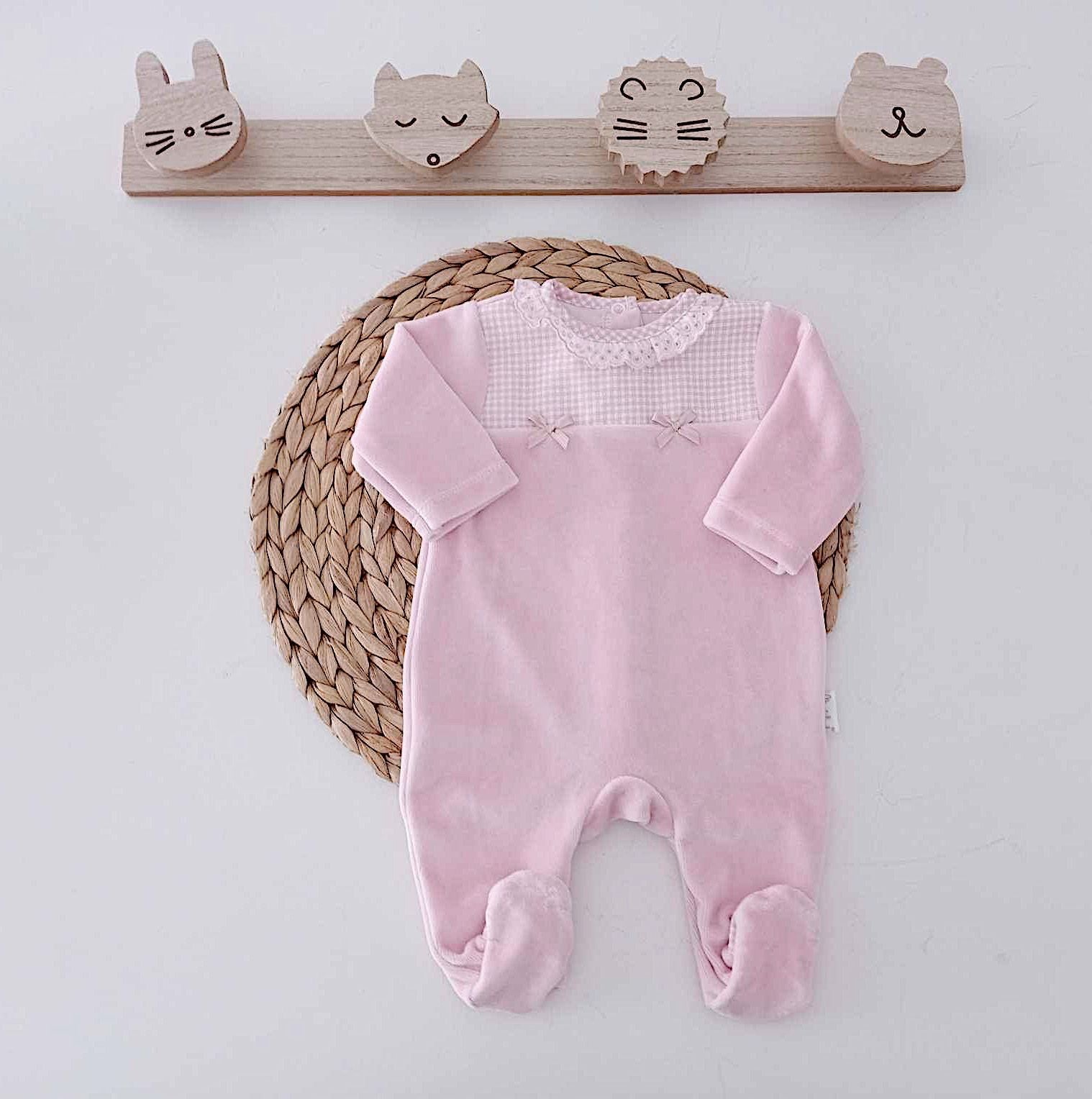 Babygrow Veludo Xadrez com 2 Lacinhos Rosa Velho