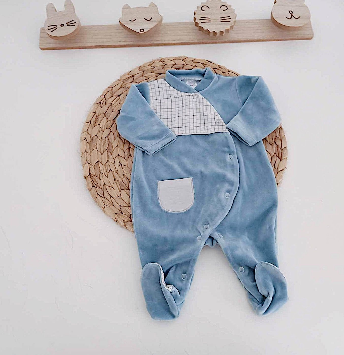 Babygrow Veludo Xadrez com Bolso Jeans