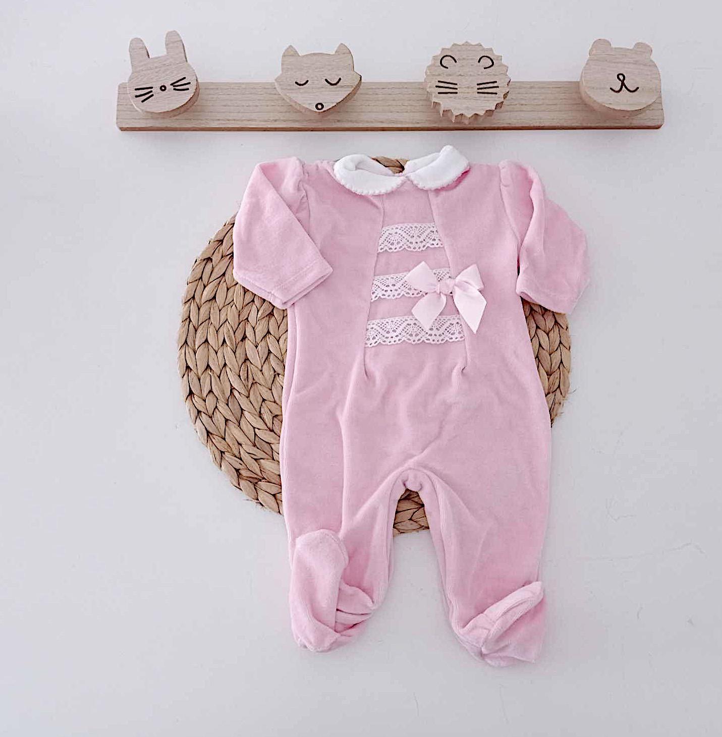 Babygrow Veludo renda com Laço Rosa