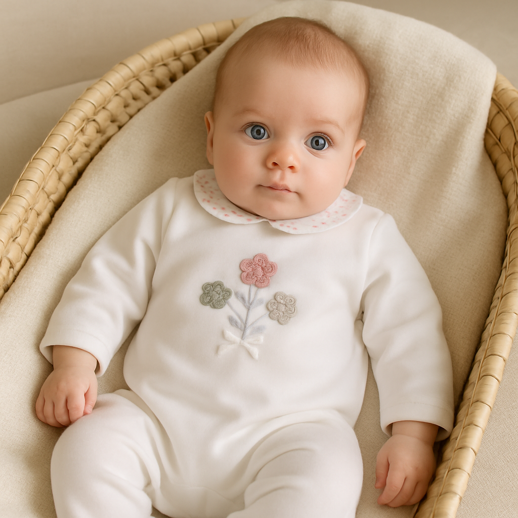 Babygrow bebé pérola com flores bordadas FitFiu Babies
