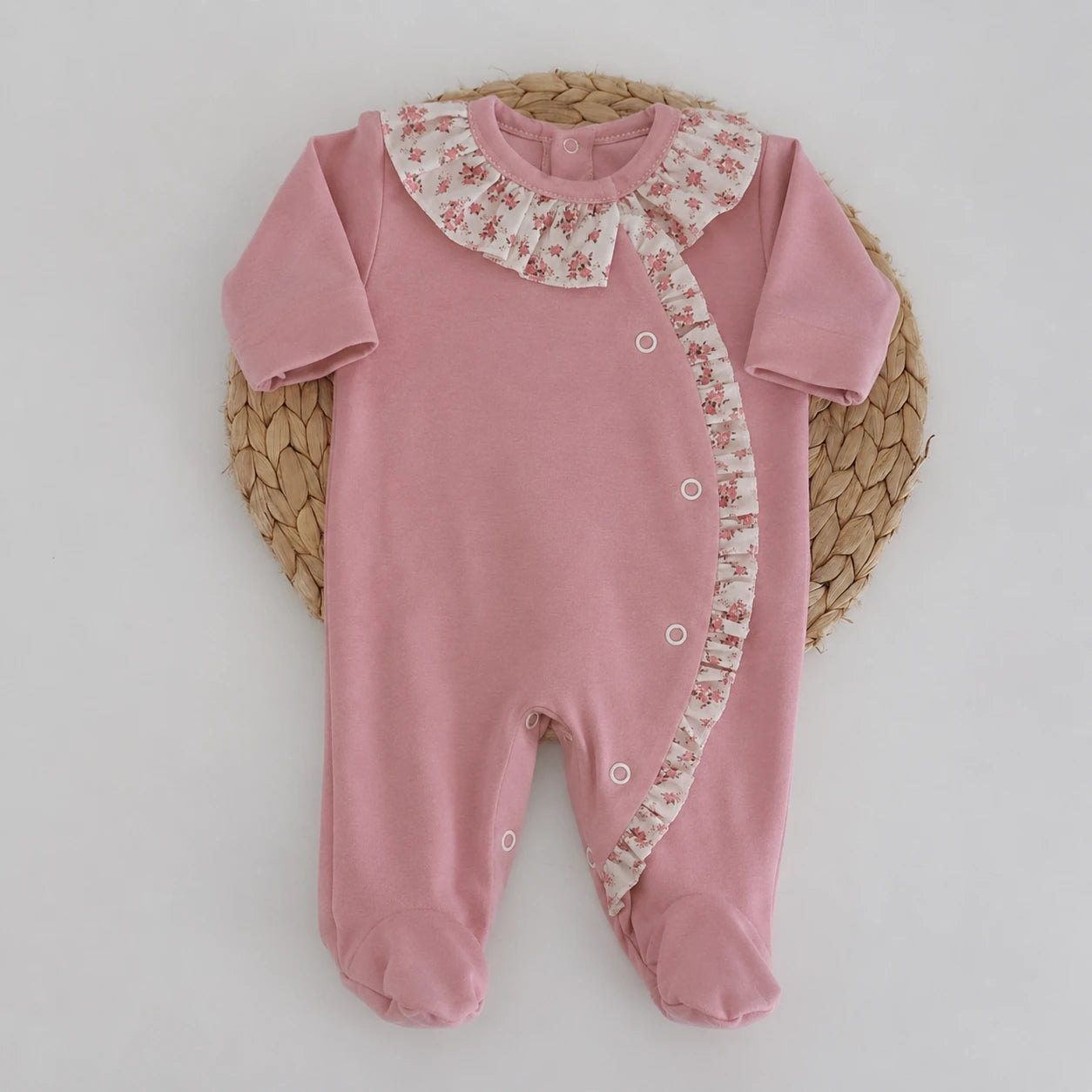 Babygrow Folho e Gola Florinhas Rosa Velho
