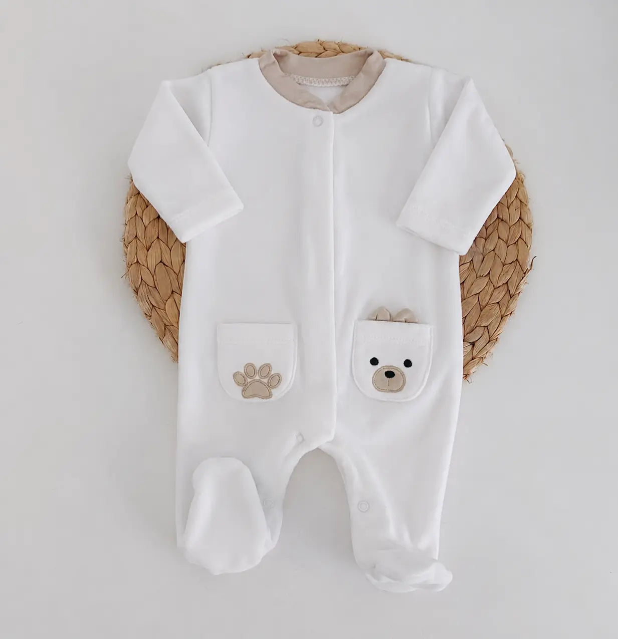 Babygrow Veludo Bolsos Ursinho Orelhas Areia