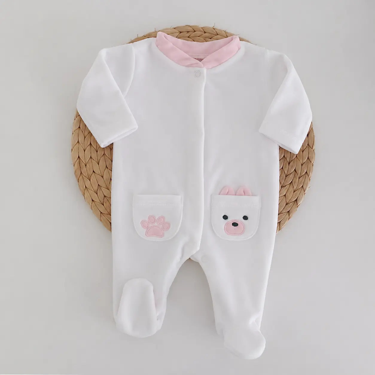 Babygrow Veludo Bolsos Ursinho Orelhas Rosa