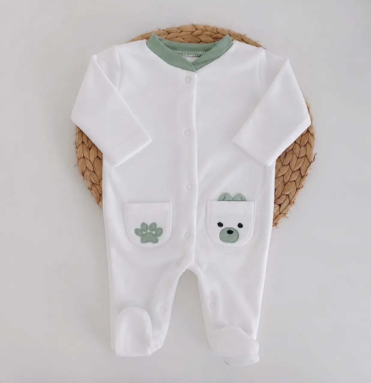 Babygrow Veludo Bolsos Ursinho Orelhas Verde