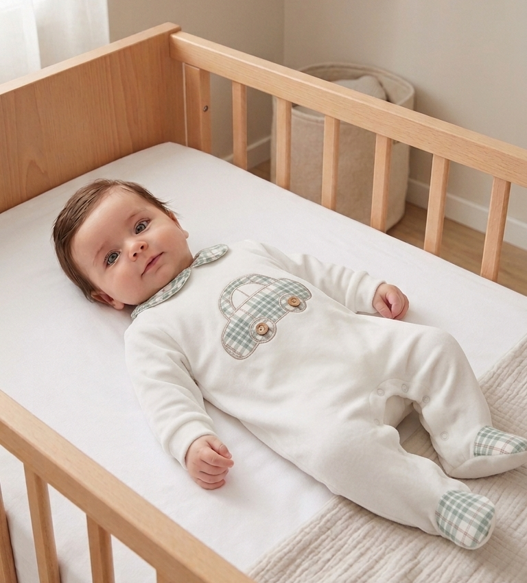 Babygrow bebé menino veludo bordado carrinho botões rodas pérola verde seco FitFiu Babies