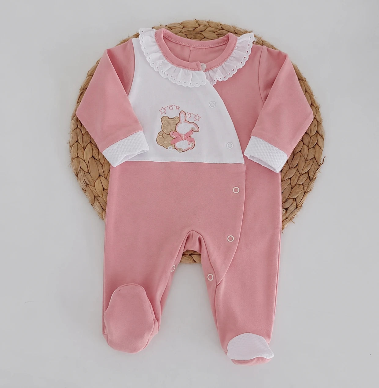 Babygrow de Algodão Urso Coelho Rosa Velho