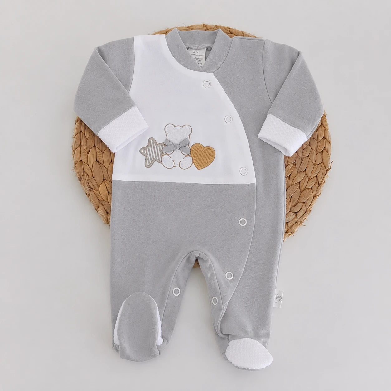 Babygrow de Algodão Urso Estrela Coração Cinza