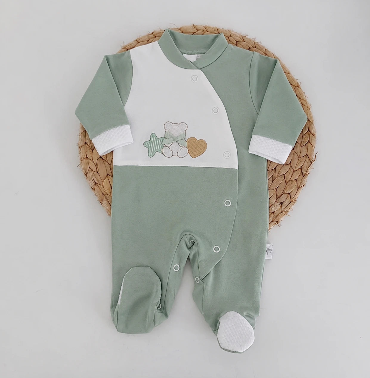 Babygrow de Algodão Urso Estrela Coração Verde