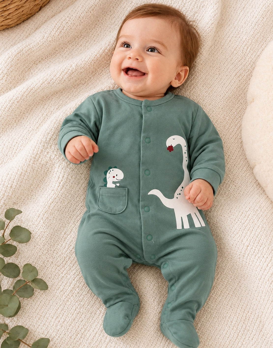 Babygrow verde para bebé em algodão, com dinossauro branco estampado, bolso com aplicação de dinossauro e abertura frontal com molas.