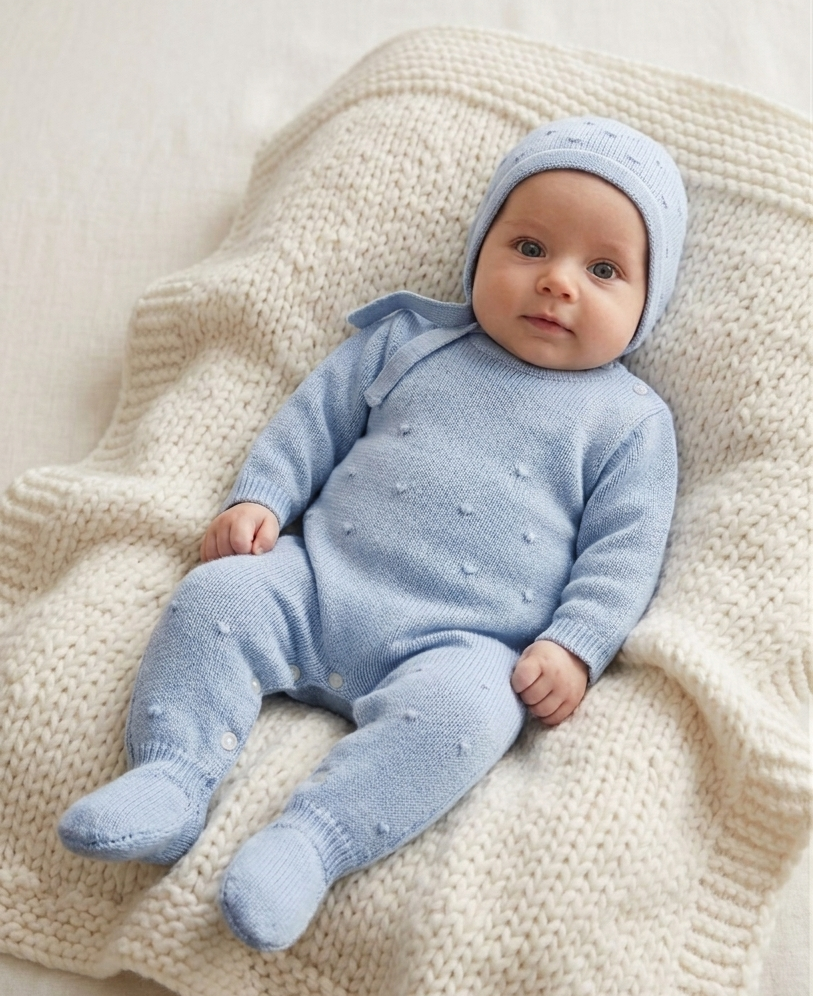 Babygrow de Malha Pompons com touca Azul