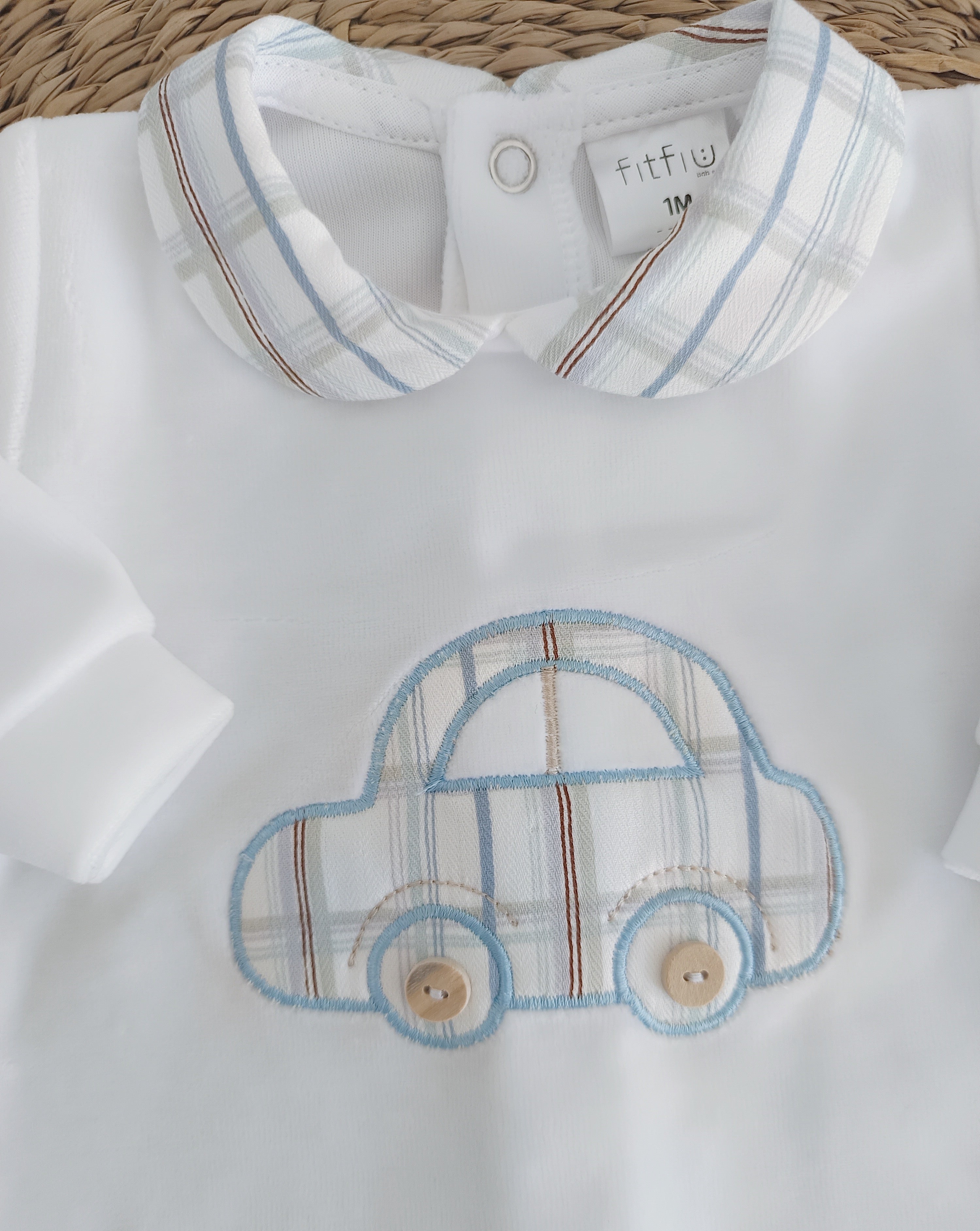 FitFiu Babies® | Babygrow Veludo Carrinho Branco Azul
