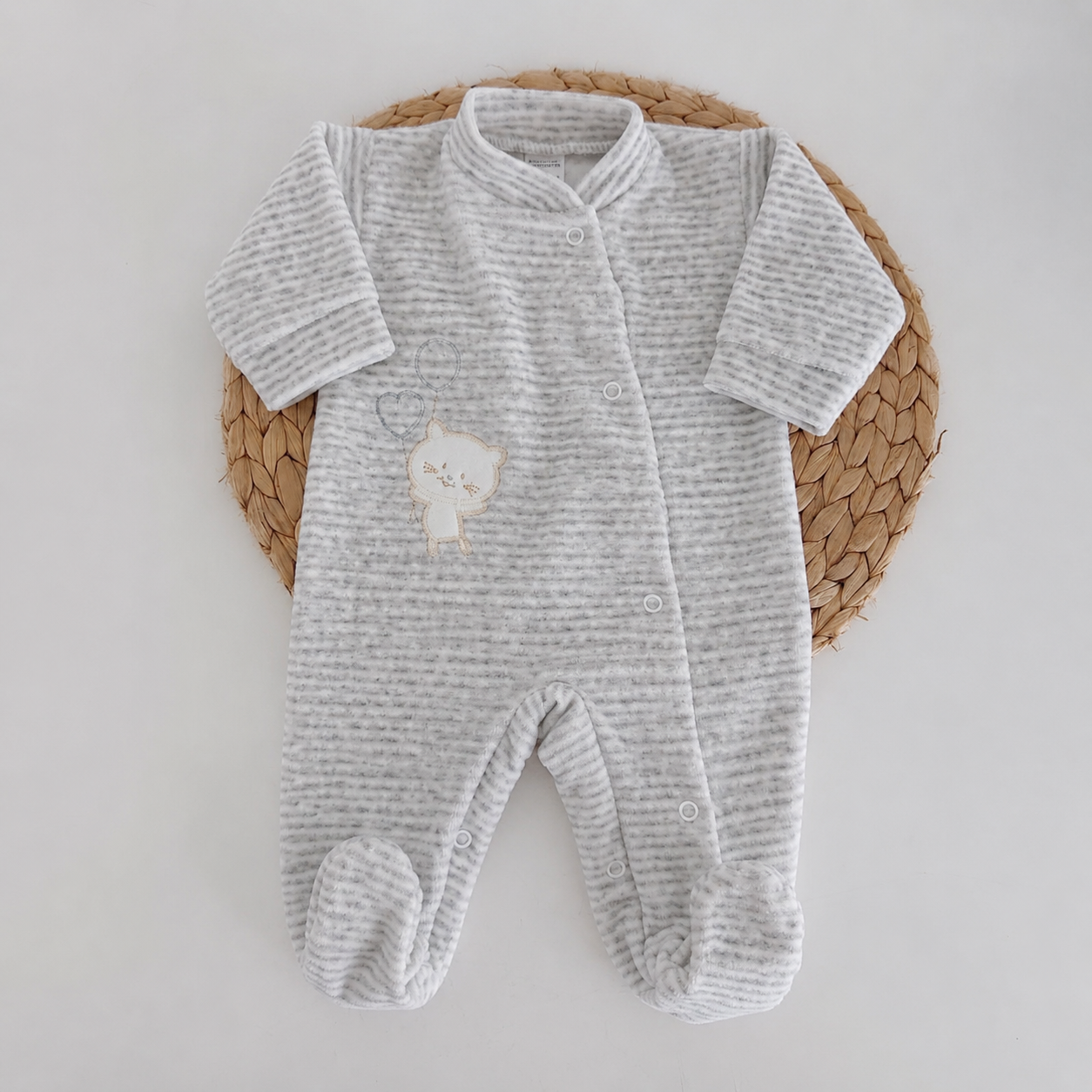 Babygrow de Veludo Gato Riscas Cinza