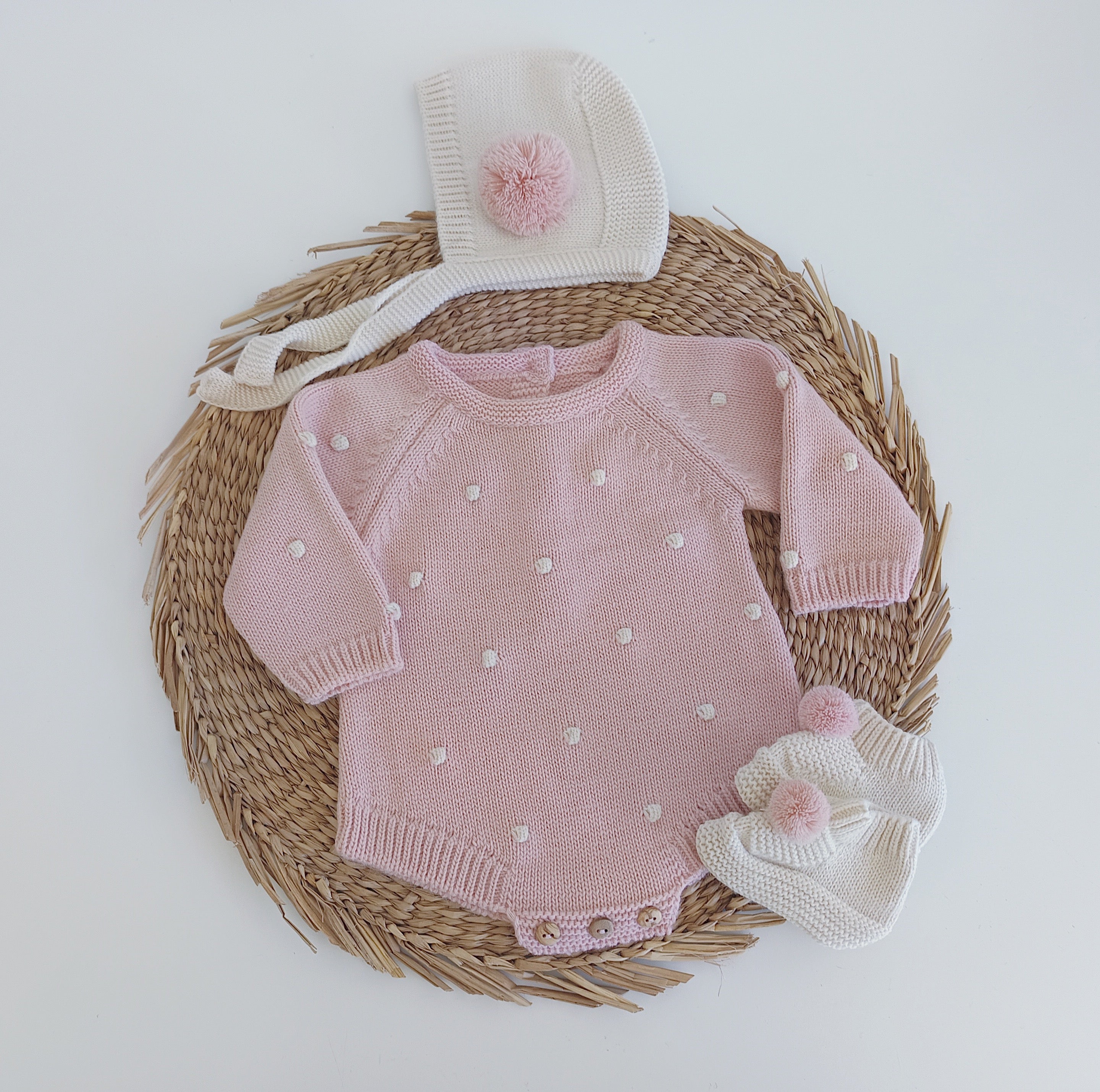 Fofo de Malha Pompons com touca e carapins Rosa Velho