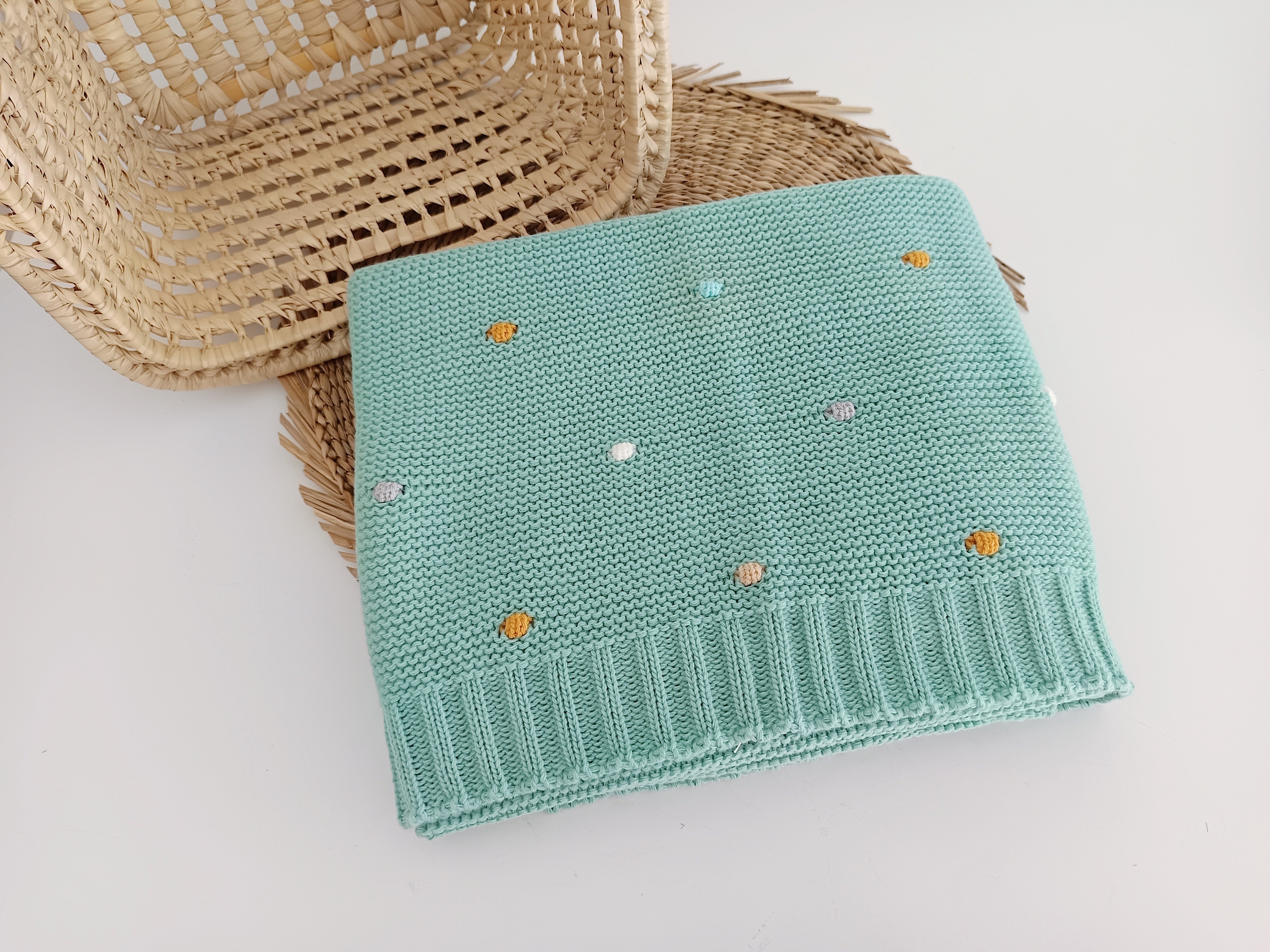 Manta de malha verde com pompons coloridos para bebé, 100% acrílico premium FitFiu