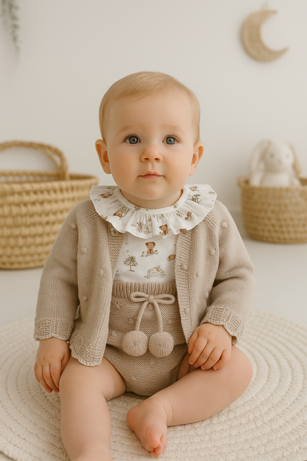 Conjunto Tapa Fraldas com Blusa e Casaco de Malha Ursinhos Areia