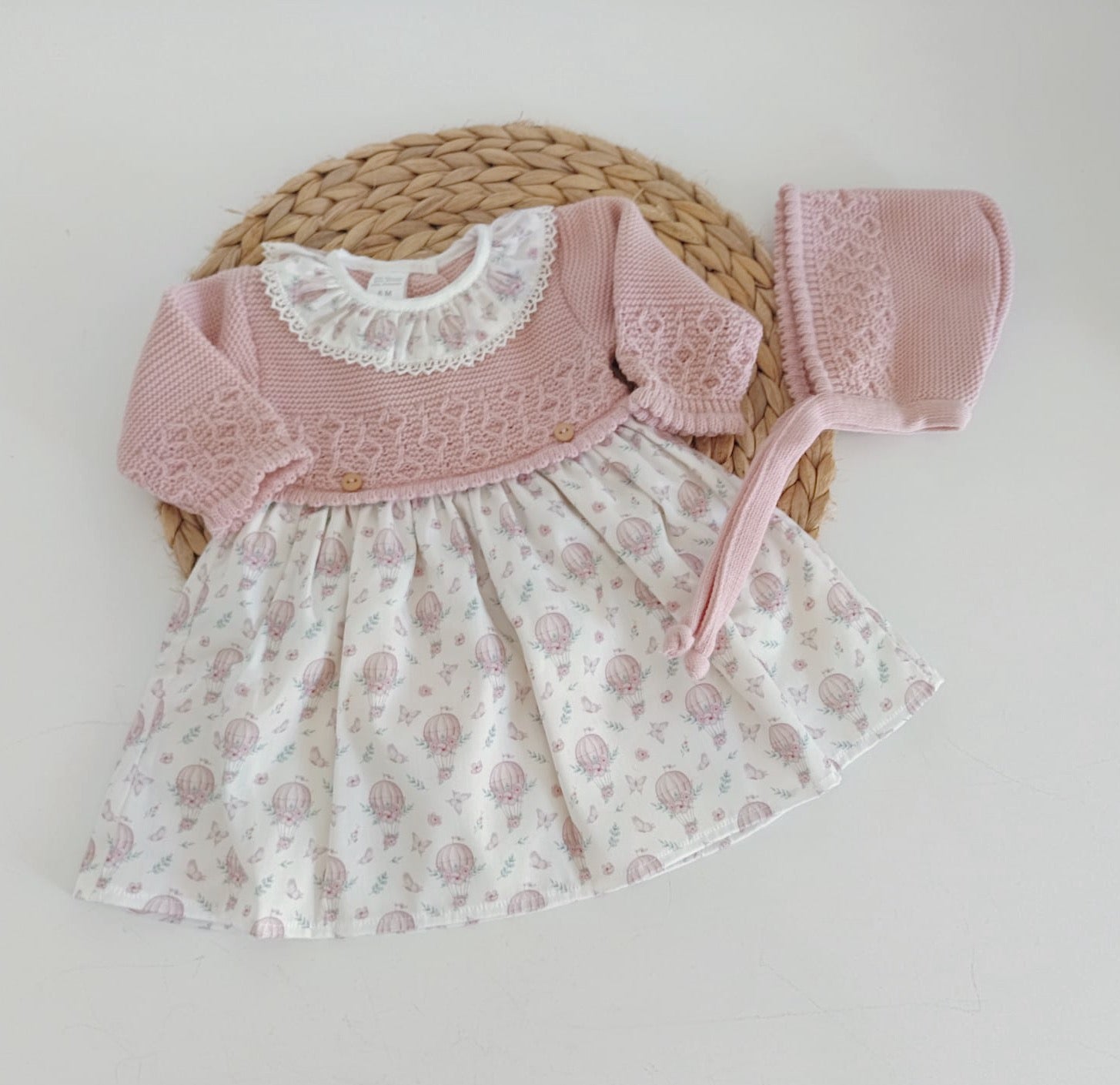 Vestido de Tecido e Malha com Touca Balões Rosa Velho