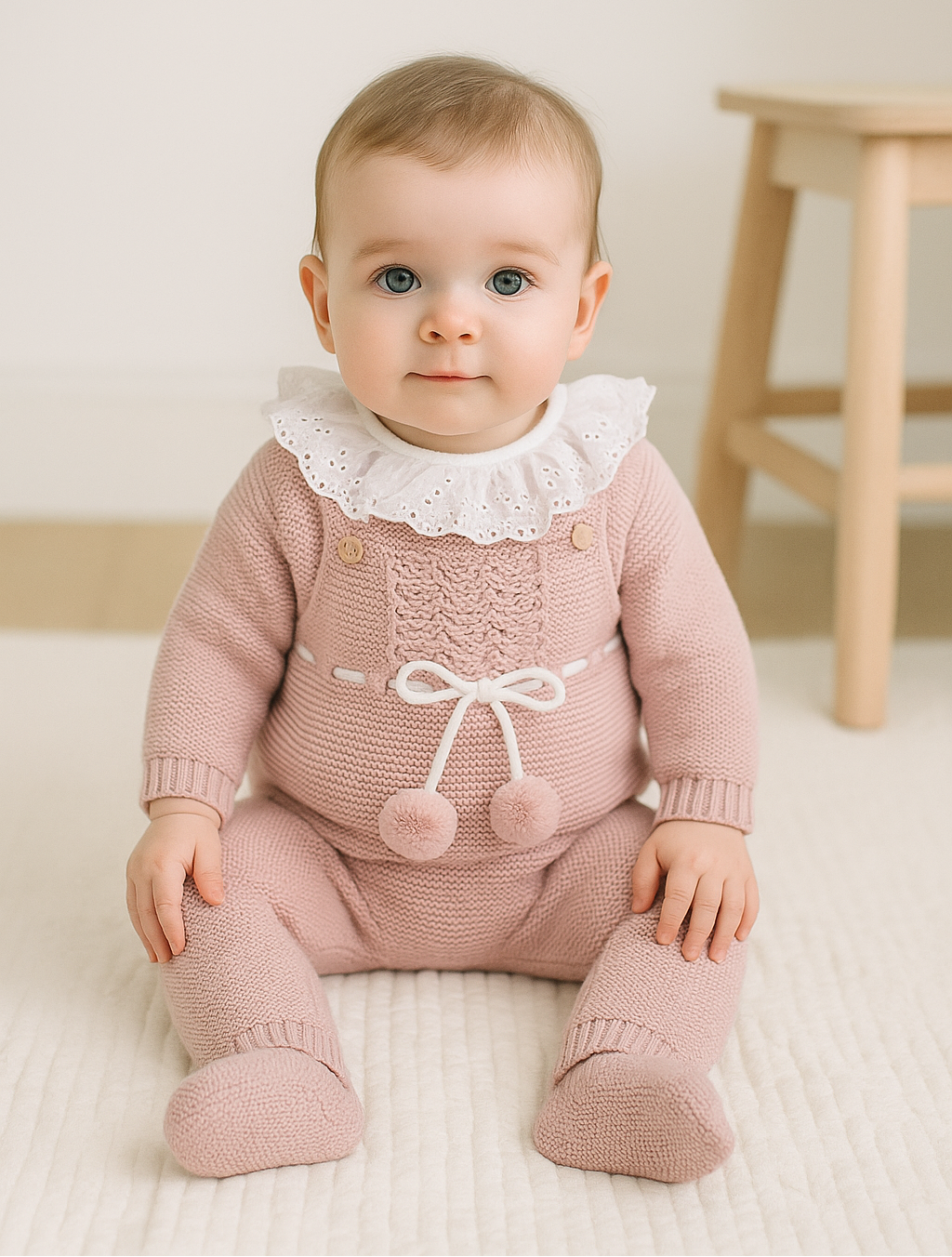 Jardineiras de malha com Camisola Pompons pendurados pés Rosa Velho