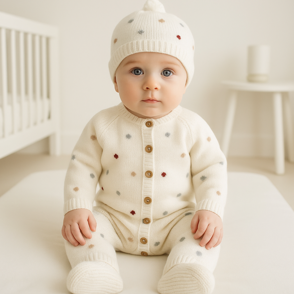 FitFiu Babies® | Babygrow de malha pompons coloridos com gorro e carapins Pérola
