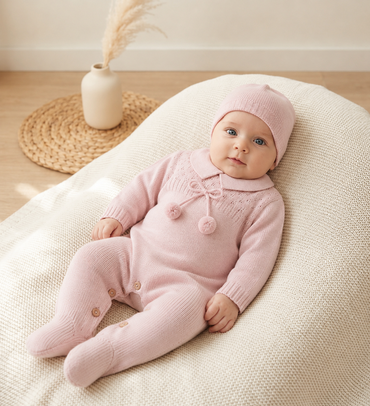 Babygrow de Malha Pompons com Gorro Rosa Velho
