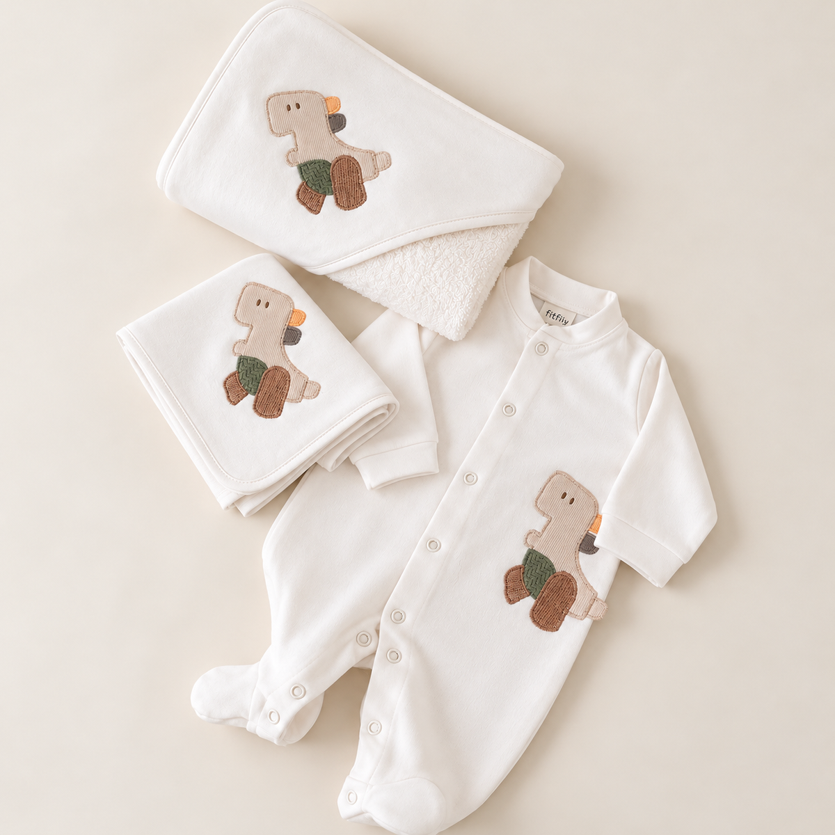 Fit Fiu Babies® | Conjunto Babygrow Toalha de banho e Fralda Dinossauro Branco