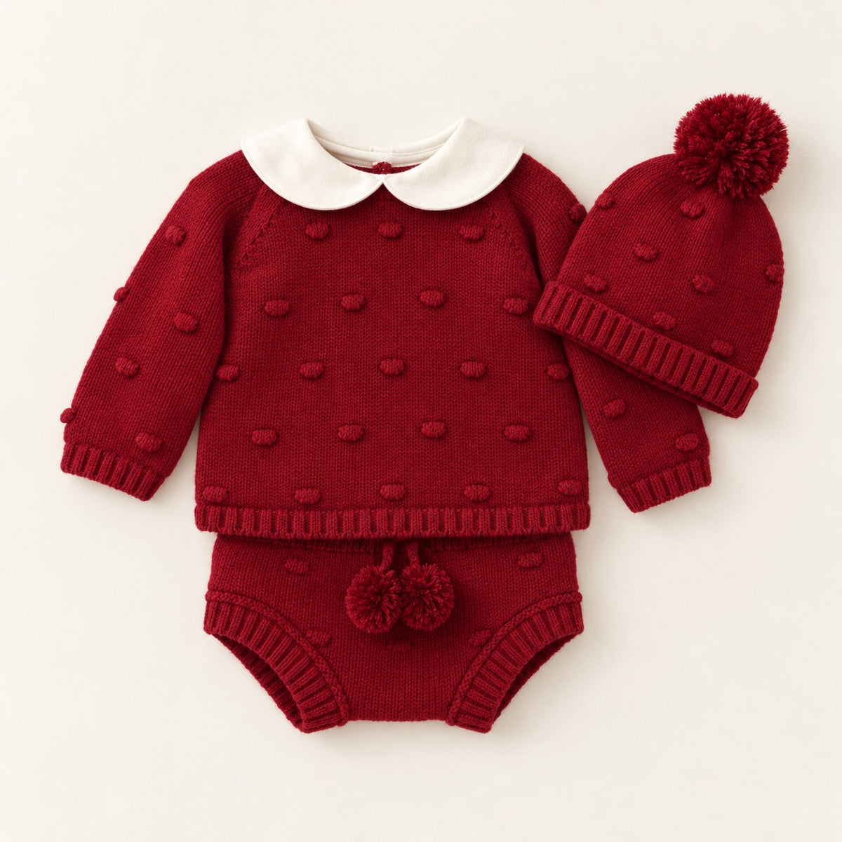 Conjunto bebé Tapa Fraldas Camisola e Gorro Pompons Vermelho