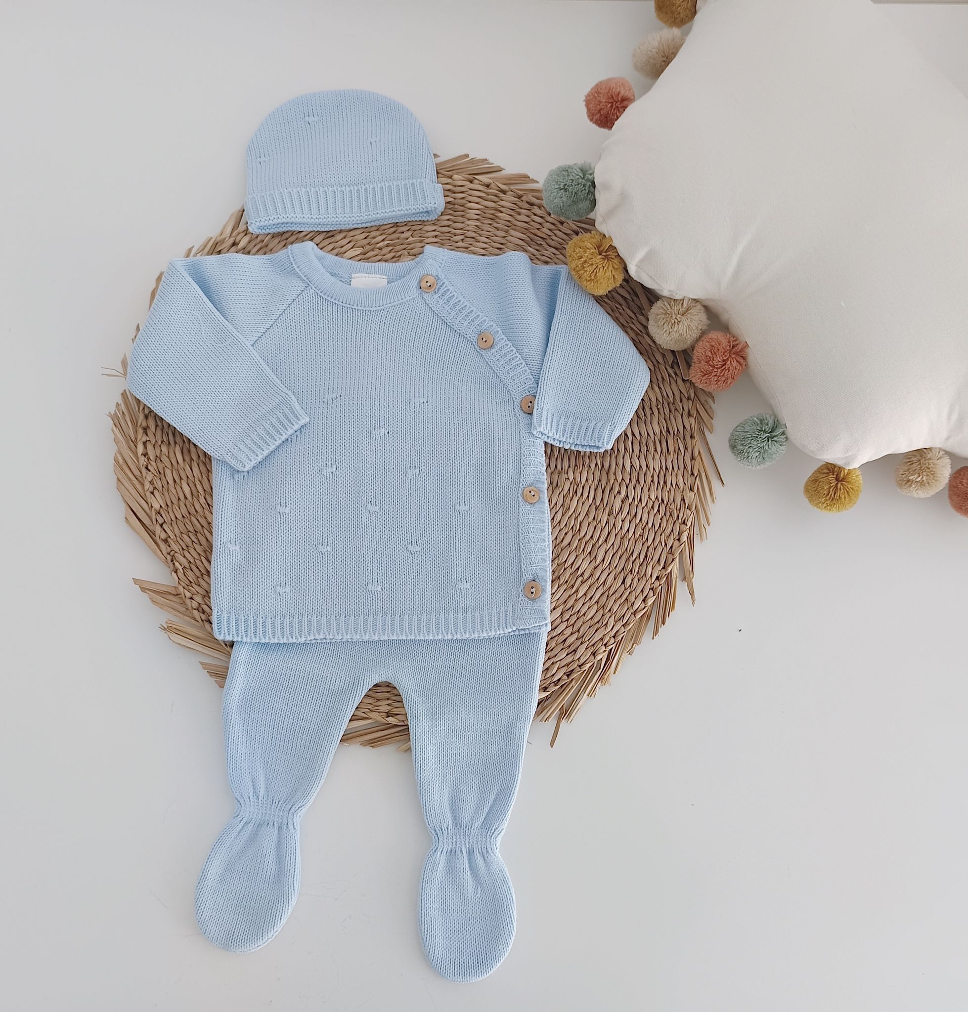 Conjunto de Malha Pompons em Relevo Botões com Gorro Azul