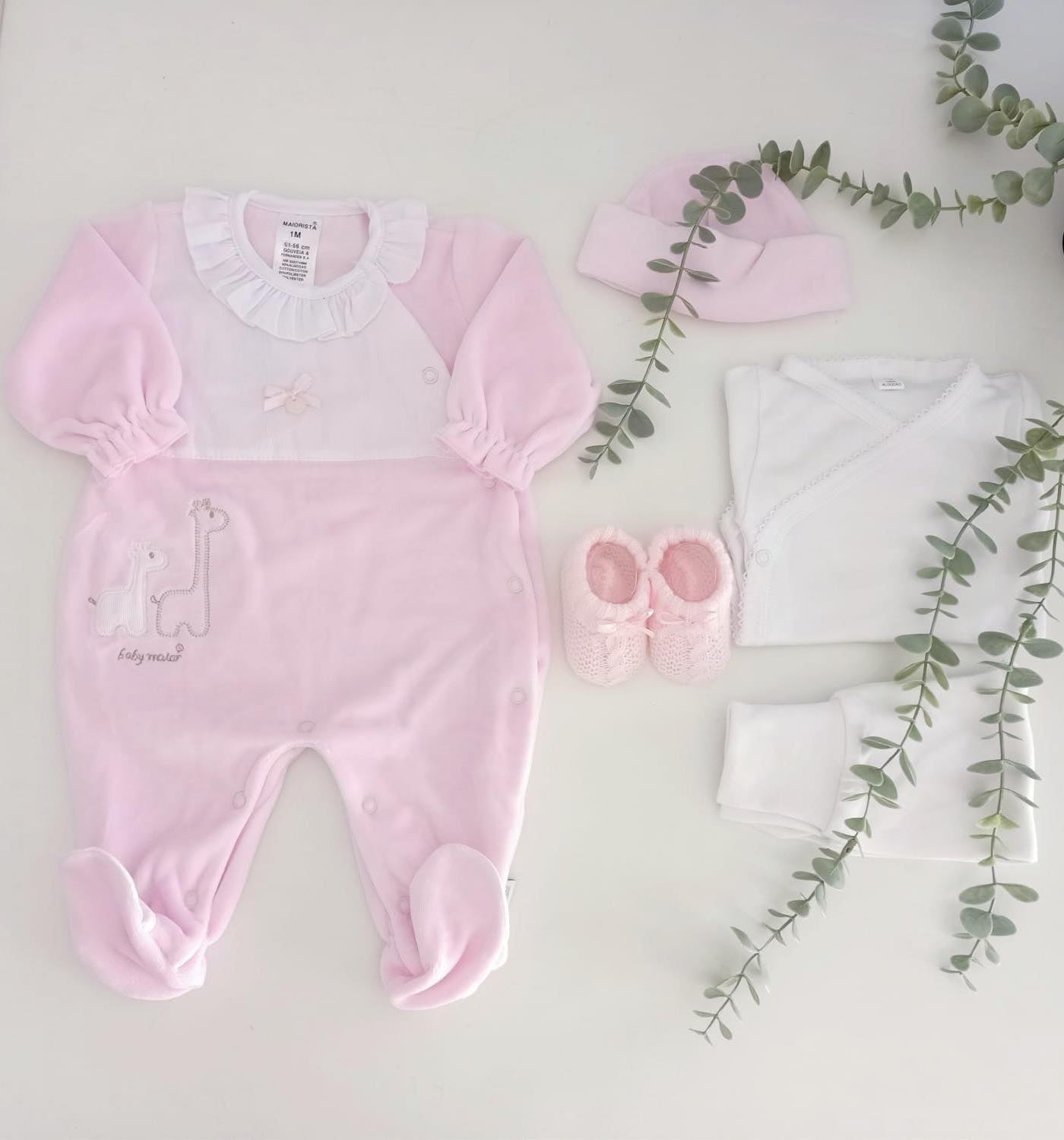 Conjunto de Primeira Roupinha Veludo Girafinha Rosa