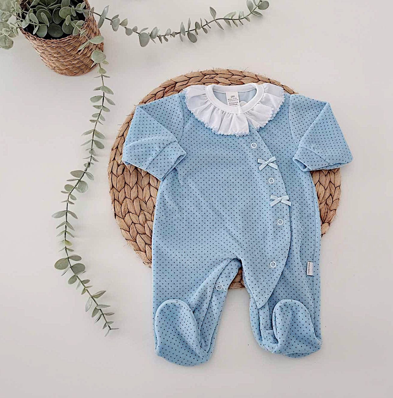 Conjunto de Primeira Roupinha Veludo Laço Pintas Azul