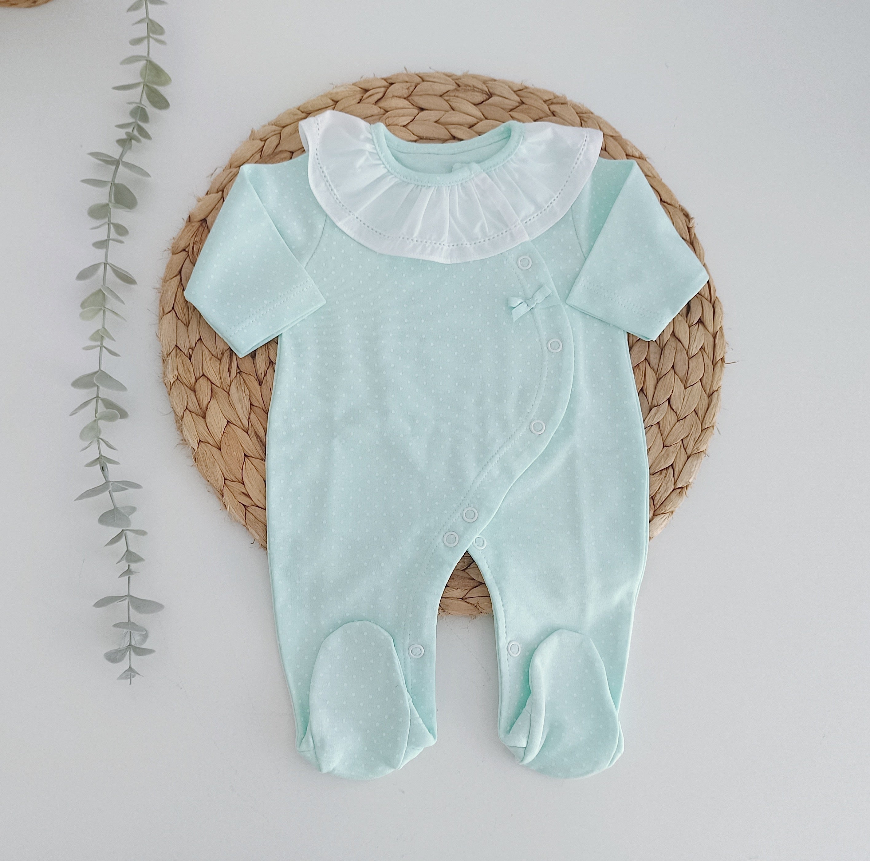 Babygrow Algodão Gola Pintinhas Verde Água