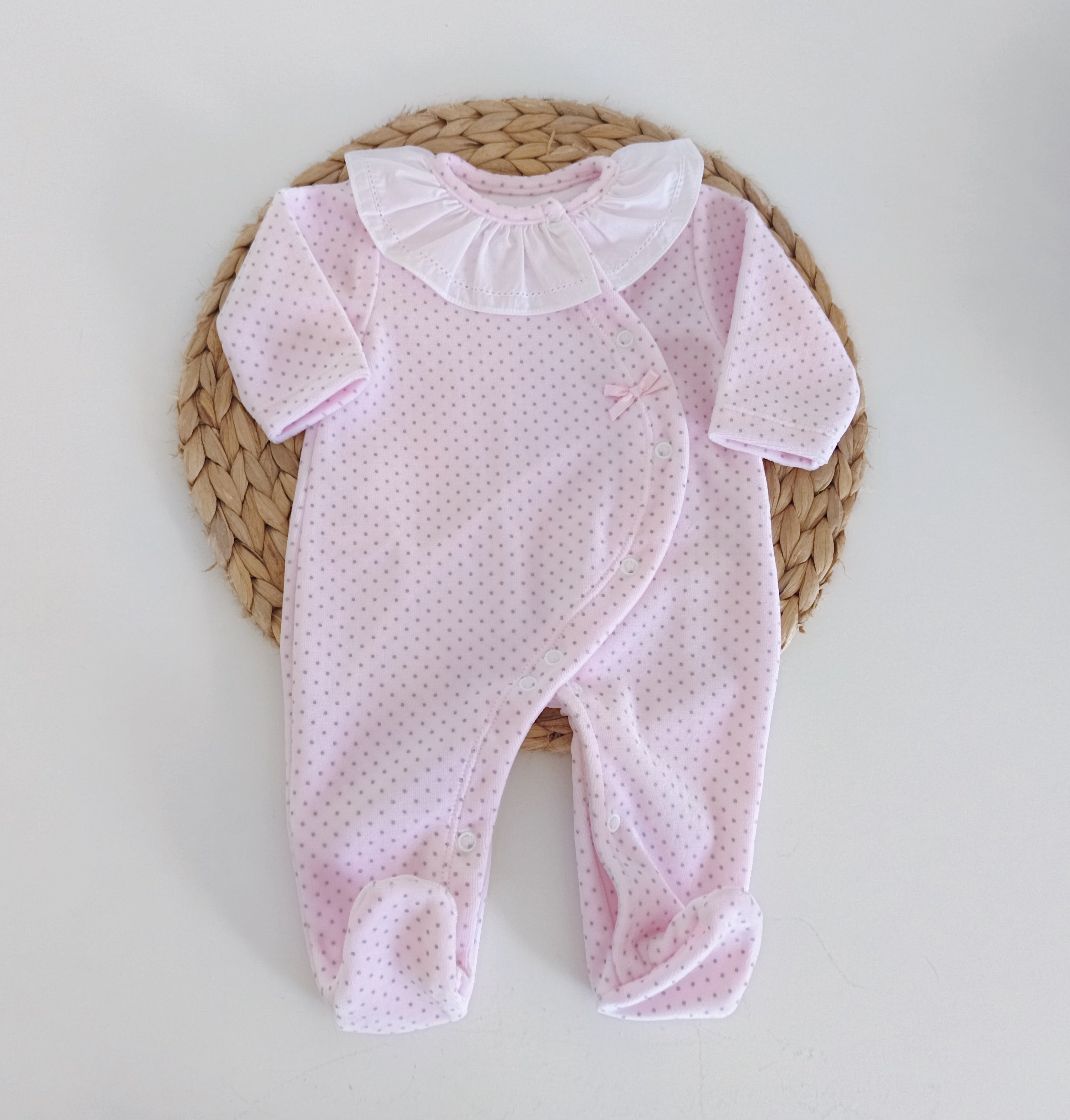 Babygrow Veludo Basic Pintinhas Gola Rosa