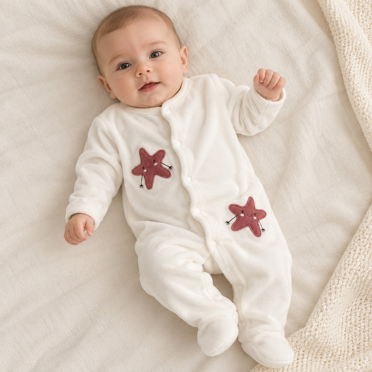 Babygrow de veludo pérola para bebé, com mangas compridas, pés fechados, abertura frontal com molas e duas aplicações de estrelas rosa.